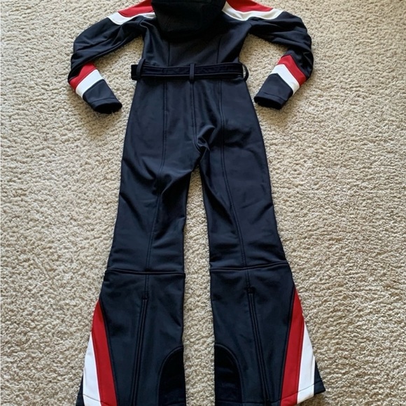 NWT Perfect moment Allos hooded striped ski suit in jet black/red/snow white - Picture 6 of 8